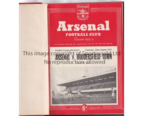 ARSENAL        A hardback bound volume of home first team programmes for season 1953/4, red colour covers and gold lettering 