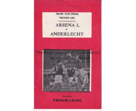 1970 FAIRS CUP FINAL / ARSENAL V ANDERLECHT     Pirate programme issued by Nicholls of Battersea for the 2nd Leg match at Hig