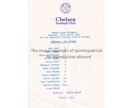 CHELSEA       Single card programme for a friendly match against BK Hacken 15/3/1983 played at the training ground at Harling