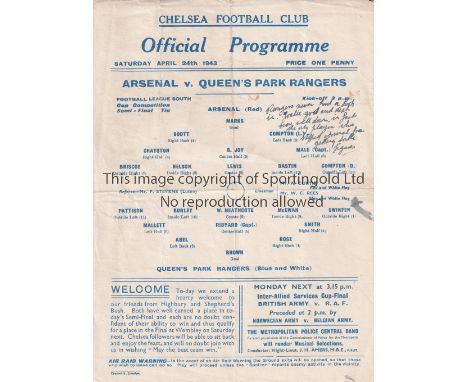 ARSENAL V QPR 1943 WAR CUP SEMI-FINAL / CHELSEA      Single sheet programme for the FL South War Cup S-F played at Chelsea 24