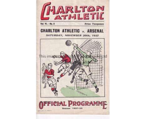 CHARLTON ATHLETIC v ARSENAL     Programme for the home 1st Division match at Charlton on the 20/11/37.     Generally good