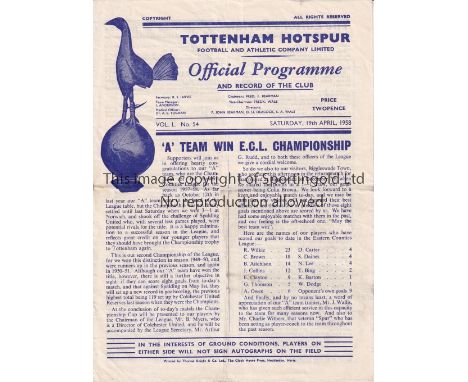 TOTTENHAM HOTSPUR Home programme for the ECL match v. Biggleswade Town at Tottenham 19/4/1958, folded. Fair to generally good