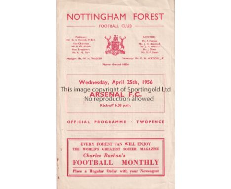 NOTTINGHAM FOREST V ARSENAL 1956     Programme for the Friendly at Forest 25/4/1956, very slightly creased.    Generally good