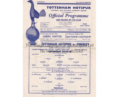 TOTTENHAM HOTSPUR     Single sheet home programme for London Challenge Cup tie v. Finchley 20/10/1958, slightly creased.    G