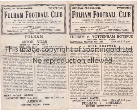 FULHAM    Two home programmes for FL South matches in season 1945/6 v. Aston Villa and Tottenham Hotspur, both slightly creas