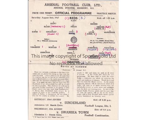 ARSENAL     Single sheet programme for the Public Practice Match 16/8/1947, folded and red ink team changes.   Fair