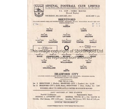 BRENTFORD V BRADFORD CITY 1955 AT ARSENAL     Single sheet programme for the FA Cup 3rd Round 2nd Replay match at Highbury 20