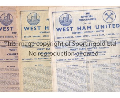 WEST HAM      Eight West Ham United 4 Page home Reserves programmes from the 1951/52 season v Luton Town, Swindon Town , Char