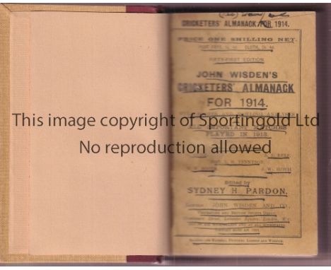 CRICKET WISDEN   Reddish Brown and light brown rebind of original softback John Wisden Cricketers' Almanack for 1914. 51st Ed