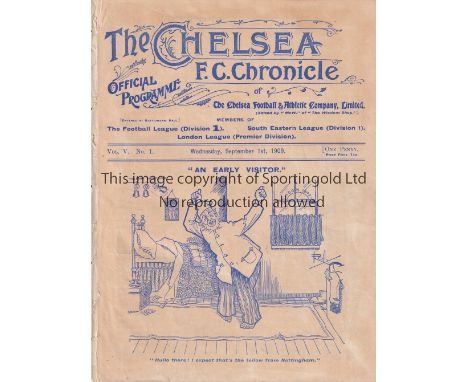 CHELSEA      Home programme v Notts County 1/9/1909. Ex Bound Volume. Some whitish marks at spine as it is the first programm