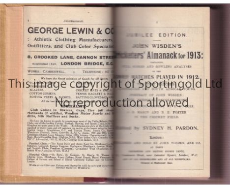 CRICKET WISDEN   Reddish Brown and light brown rebind of original softback John Wisden Cricketers' Almanack for 1913. 50th Ed