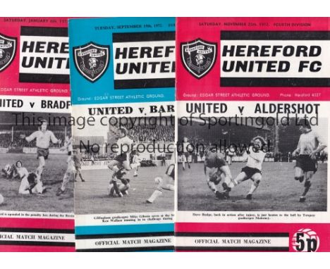 HEREFORD UNITED 1972/3 Complete set of 33 home programmes for their first League season, 23 League, 3 Welsh Cup, 3 Friendlies
