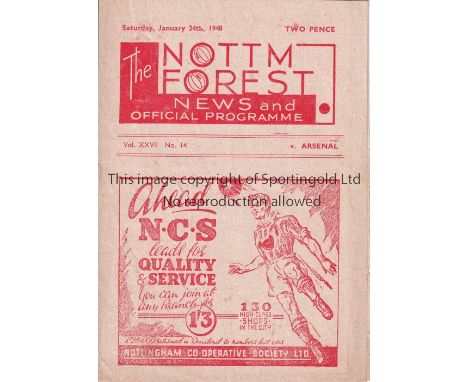 NOTTINGHAM FOREST V ARSENAL 1948     Programme for the Friendly at Forest 24/1/1948, very slightly creased, team changes and 