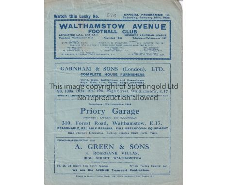WALTHAMSTOW AVENUE      Four page home programme v Nunhead London Cup 19/1/1935. Light horizontal fold. No writing. Fair to g
