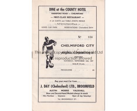 ARSENAL    Programme for the away Friendly v. Chelmsford City 16/9/1967.    Good