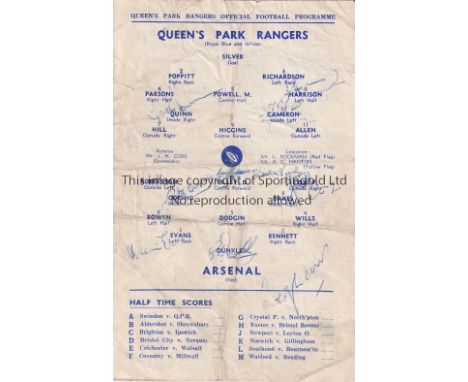 ARSENAL / QPR AUTOGRAPHS 1953     Programme for the Combination Cup match at Rangers 14/2/1953, signed on the line-up page by