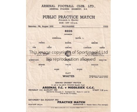 ARSENAL     Single sheet programme for the Public Practice Match 9/8/1952, folded.   Fair