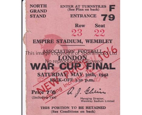 1942 LONDON WAR CUP FINAL / PORTSMOUTH V BRENTFORD      Seat ticket for the match at Wembley 30/5/1942.    Generally good
