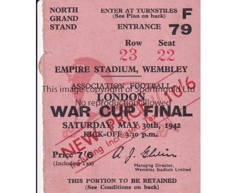 1942 LONDON WAR CUP FINAL / PORTSMOUTH V BRENTFORD      Seat ticket for the match at Wembley 30/5/1942.    Generally good