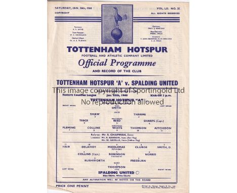 TOTTENHAM HOTSPUR Single sheet programme for the home ECL match v Spalding United at Tottenham 30/1/1960, scores entered. Gen