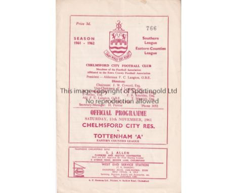 TOTTENHAM HOTSPUR     Programme for the away ECL match v. Chelmsford City Reserves 11/11/1961.    Good