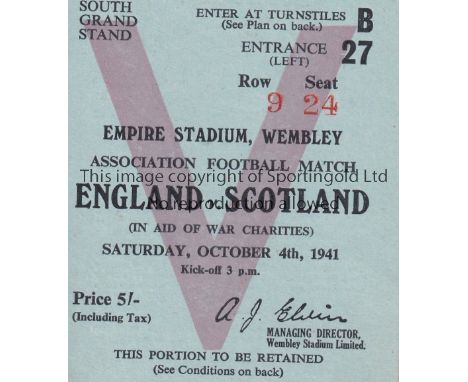ENGLAND V SCOTLAND 1941    Seat ticket for the match at Wembley 4/10/1941. Generally good