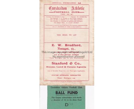 CARSHALTON ATHLETIC V TOOTING &amp; MITCHAM 1932      Programme and Ball Fund ticket for the London league match at Carshalto