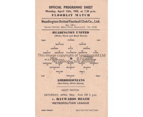 HEADINGTON / AIRDRIE      Single sheet programme Headington programme v Airdrieonians Friendly match 13/4/1959. Light vertica