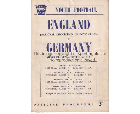 BOYS FOOTBALL AT ARSENAL / ASTON VILLA / SUNDERLAND / NOTTS. COUNTY 1950      Joint issue programme for 4 matches, England v 
