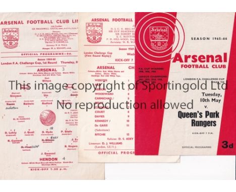 ARSENAL     Five home programmes for London Challenge Cup matches v. QPR Final 65/6 and single cards v. Hendon 64/5 team chan
