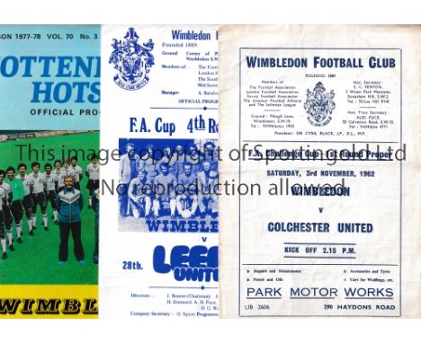 WIMBLEDON FC     Sixty home programmes 1960's and 1970's. Forty one homes inc. v. Colchester 62/3 FA Cup, Romford 67/8, Brist
