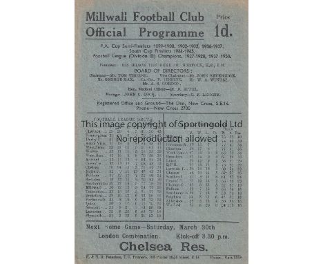MILLWALL V ARSENAL 1946     Programme for the FL South match at Millwall 23/3/1946, very slightly creased.     Generally good