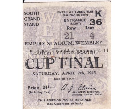 1945 FL SOUTH CUP FINAL / CHELSEA V MILLWALL    Seat ticket for the match at Wembley 7/4/1945.    Generally good