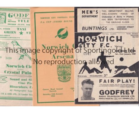 NORWICH CITY         Eighteen home programmes including v Swindon and Brighton 48-49, v Arsenal FAC 3rd R 12/1/52, v Crystal 