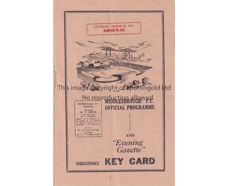 MIDDLESBROUGH V ARSENAL 1953    Programme for the League match at Middlesbrough 28/3/1953 in Arsenal's Championship season, s