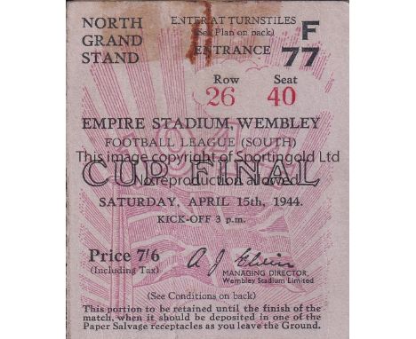 1944 FL SOUTH CUP FINAL / CHELSEA V CHARLTON     Seat ticket for the match at Wembley 15/4/1944, slightly marked at the top. 