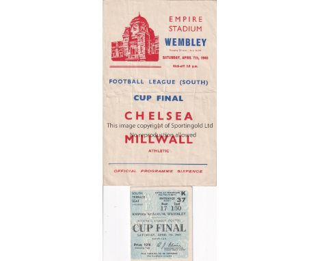 1945 FL SOUTH WAR CUP FINAL / CHELSEA V MILLWALL    Programme and seat ticket. Programme is heavily creased and the ticket is