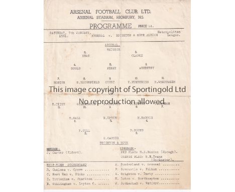 ARSENAL      Single sheet programme for the home Metropolitan League match v. Brighton &amp; Hove Albion 7/1/1961 played at H