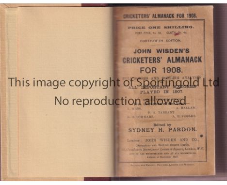 CRICKET WISDEN   Reddish Brown and light brown rebind of original softback John Wisden Cricketers' Almanack for 1908. 45th Ed