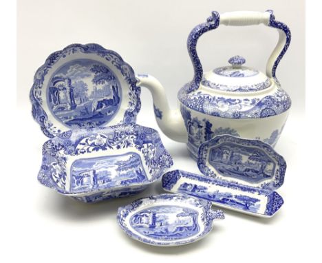 A large Spode blue and white Italian pattern novelty teapot, H33cm, with black printed mark beneath, together with a selectio