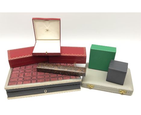 Collection of jewellery boxes including a vintage Boodle &amp; Dunthorne bracelet box, two modern Boodles boxes, two Cartier 