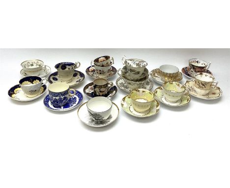 A group of Victorian tea cups and saucers, to include a Derby example decorated in the Imari pallet, a Spode faceted example 