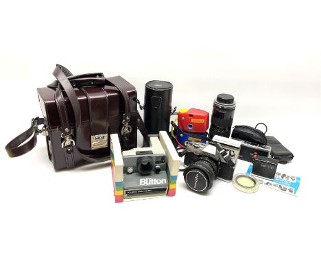 Vintage and later cameras and accessories including Minolta X-300 in carry bag, Tamron lens etc