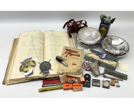 A collection of automobilia, to include three metal car badges for the Automobile Association, Standard-Triumph Automobile As
