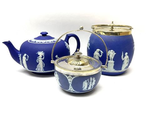 Three pieces of Victorian Wedgwood Jasperware, comprising biscuit barrel with silver plated lid and handle, H17cm, further ba