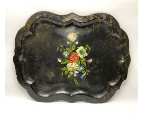 Victorian papier-m�ch� tray of shaped oval form, with hand painted floral decoration and mother of pearl detail, L79cm, W61cm