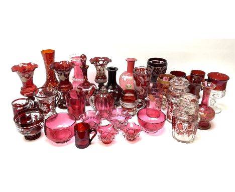 A group of 19th century and later cranberry and ruby glassware, including a small number of Bohemian examples, to include var