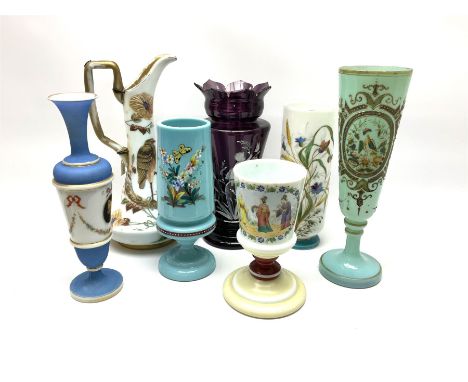 A group of mostly Victorian painted glass, to include a light blue opaque glass vase with funnel bowl upon a spreading circul