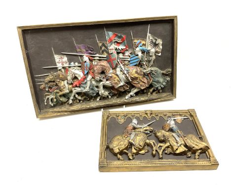 Two ceramic painted wall plaques by Marcus design, depicting a group of knights charging  in battle, H30cm W51.5cm, and two k