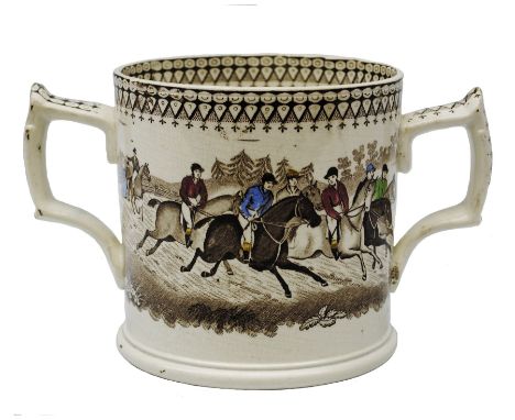 A 19th Century Staffordshire Loving Cup, decorated in the Steeple Chase pattern, by J &amp; R Godwin, with printed mark benea